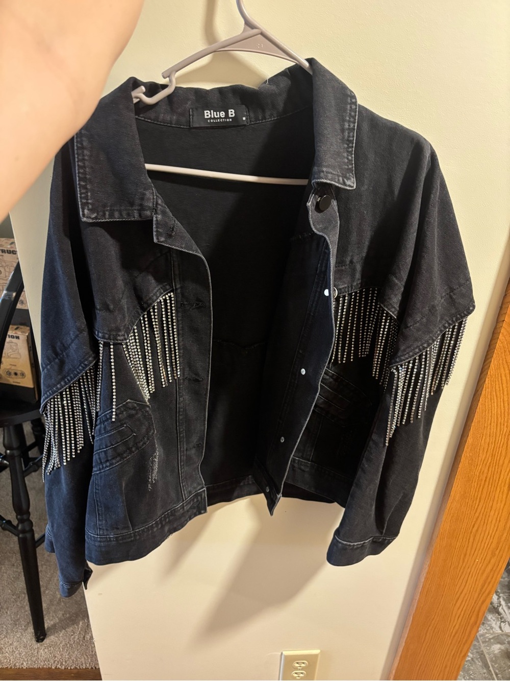 Blue B Collection Black Denim Jacket with Beaded Fringe